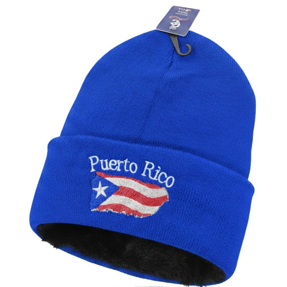 Puerto Rico Embroidered Skull Cap Beanie Winter Hat, Warm Lined, Blue, NWT